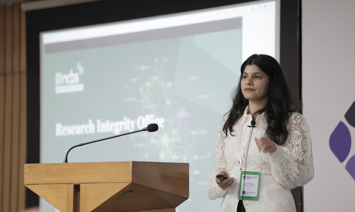 Tanvi Singh speaking at the Research Integrity Summit